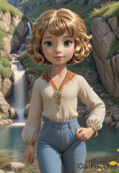 1girl,solo,looking at viewer,smile,short hair,bangs,blue eyes,blonde hair,brown hair,shirt,long sleeves,jewelry,standing,white shirt,flower,cowboy shot,outdoors,parted lips,day,pants,water,necklace,blurry,black eyes,flat chest,bracelet,lips,hand on hip,grey eyes,blurry background,denim,child,nature,freckles,curly hair,jeans,rock,blue pants,female child,river,waterfall,high-waist pants,breasts,brown eyes,collarbone,thigh gap,grass,blouse,gem