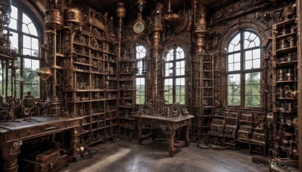 day,indoors,tree,book,no humans,window,chair,table,sunlight,plant,scenery,desk,wooden floor,stairs,clock,bookshelf,lamp,shelf,book stack,gears,library,ladder,globe,phonograph,steampunk,loaded interior,fantasy,candle,candlestand,chandelier,telescope