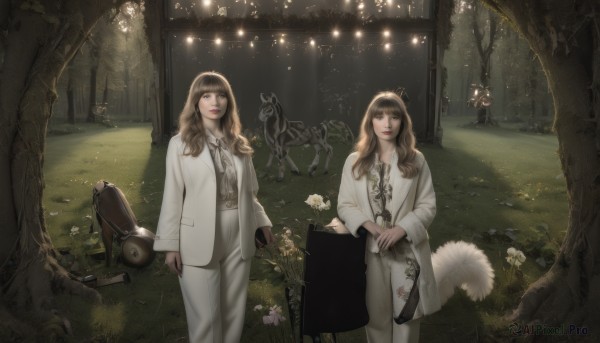 long hair,looking at viewer,bangs,multiple girls,blonde hair,brown hair,shirt,long sleeves,holding,2girls,brown eyes,jewelry,closed mouth,standing,jacket,white shirt,flower,outdoors,open clothes,pants,tree,siblings,formal,white jacket,suit,grass,white flower,nature,forest,twins,white pants,grey pants,suitcase,dress,weapon,multiple boys,blunt bangs,lips,wavy hair,scenery,horse