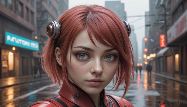 1girl,solo,looking at viewer,short hair,bangs,brown hair,hair ornament,brown eyes,closed mouth,green eyes,pink hair,red hair,outdoors,solo focus,artist name,mole,blurry,lips,eyelashes,bodysuit,depth of field,blurry background,headgear,building,portrait,freckles,reflection,city,sign,realistic,nose,road,street,traffic light,swept bangs,science fiction