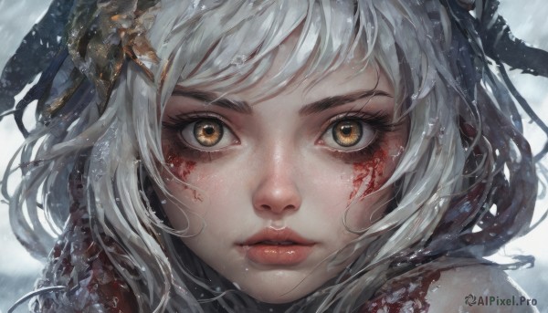 1girl,solo,looking at viewer,bangs,hair ornament,brown eyes,yellow eyes,white hair,parted lips,fang,lips,eyelashes,blood,portrait,snow,close-up,blood on face,snowing,realistic,nose,eye focus,long hair,short hair,closed mouth,injury,red lips