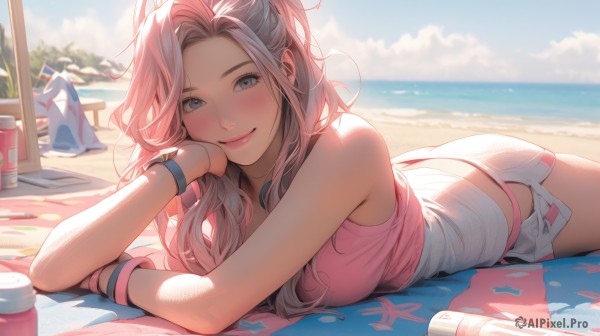 1girl,solo,long hair,breasts,looking at viewer,blush,smile,bangs,blue eyes,large breasts,shirt,bare shoulders,jewelry,medium breasts,closed mouth,ponytail,pink hair,ass,thighs,multicolored hair,outdoors,lying,sky,shorts,sleeveless,day,cloud,water,bracelet,two-tone hair,blue sky,lips,crop top,grey eyes,short shorts,sleeveless shirt,ocean,beach,tank top,bottle,on stomach,towel,wristband,pink shirt,head rest,white shorts,sand,water bottle,shore,beach towel,tree,cup,umbrella,sunlight,cloudy sky,messy hair,pink lips,horizon,beach umbrella