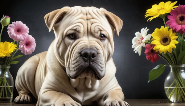 HQ,solo,looking at viewer,brown eyes,flower,no humans,animal,white flower,pink flower,dog,realistic,yellow flower,sunflower,animal focus,vase,horror (theme),what,plant