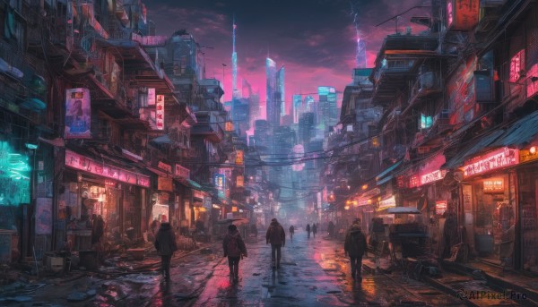 outdoors, multiple boys, sky, cloud, night, ground vehicle, building, scenery, science fiction, 6+boys, city, sign, road, cityscape, dark, street, skyscraper, city lights, cyberpunk, neon lights