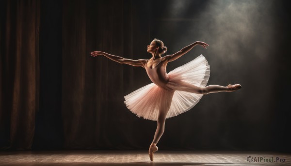 1girl,solo,breasts,skirt,brown hair,closed eyes,pantyhose,leotard,single hair bun,standing on one leg,dancing,tiptoes,plantar flexion,spotlight,athletic leotard,ballerina,ballet slippers,ballet,tutu,black hair,dress,bare shoulders,jewelry,standing,full body,small breasts,indoors,hair bun,flat chest,see-through,profile,white skirt,outstretched arms,curtains,white pantyhose,realistic,dark