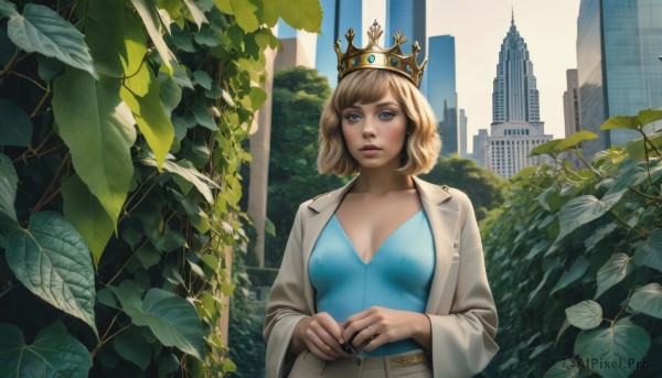 1girl,solo,breasts,looking at viewer,short hair,bangs,blue eyes,blonde hair,shirt,long sleeves,cleavage,medium breasts,collarbone,jacket,upper body,outdoors,open clothes,day,belt,pants,nail polish,open jacket,lips,leaf,white jacket,own hands together,crown,blue shirt,plant,building,city,realistic,skyscraper,parted lips,ring,cityscape