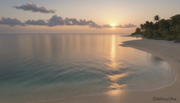 outdoors,sky,cloud,water,tree,no humans,ocean,beach,sunlight,cloudy sky,nature,scenery,reflection,sunset,sand,palm tree,sun,horizon,waves,evening,shore,orange sky,island,plant,forest