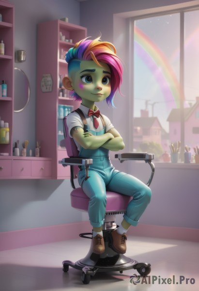 1girl,solo,smile,short hair,blue eyes,shirt,jewelry,sitting,full body,white shirt,pink hair,purple hair,short sleeves,multicolored hair,earrings,necktie,shoes,socks,artist name,indoors,black eyes,two-tone hair,streaked hair,window,makeup,colored skin,watermark,chair,brown footwear,crossed arms,bottle,child,web address,female child,overalls,stool,rainbow,rainbow hair,1boy,bow,green eyes,blue hair,male focus,bowtie,facial mark,suspenders,aged down,red bowtie,green skin