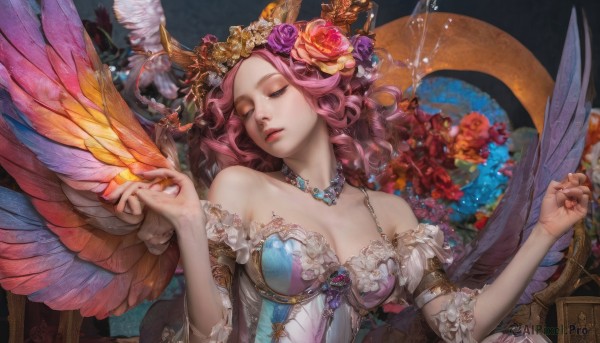 1girl,solo,long hair,breasts,large breasts,hair ornament,dress,cleavage,bare shoulders,jewelry,medium breasts,closed mouth,collarbone,closed eyes,upper body,pink hair,flower,detached sleeves,wings,hair flower,necklace,lips,fingernails,eyelashes,makeup,rose,bird,wavy hair,tiara,crown,red flower,gem,feathered wings,angel wings,parted lips,nail polish,feathers,red rose,realistic,purple flower