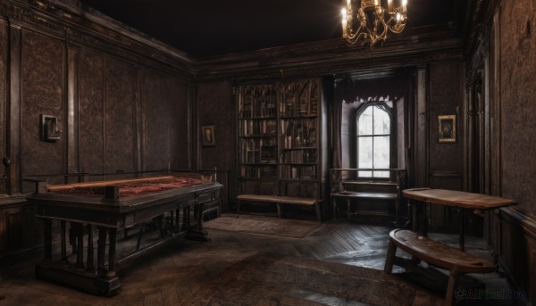 day,indoors,book,no humans,window,chair,table,sunlight,scenery,wooden floor,door,bookshelf,candle,library,painting (object),carpet,candlestand,rug,chandelier,wooden table,fireplace,wooden chair,stairs