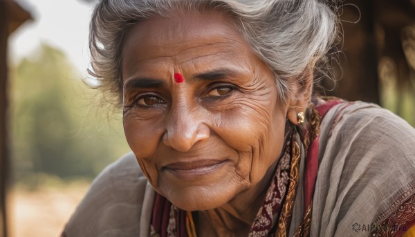 1girl,solo,looking at viewer,smile,brown eyes,jewelry,upper body,white hair,grey hair,earrings,outdoors,parted lips,necklace,blurry,lips,depth of field,blurry background,facial mark,portrait,forehead mark,realistic,nose,old,old man,old woman,wrinkled skin,short hair,closed mouth