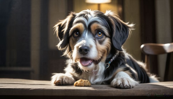 HQ,solo,open mouth,brown eyes,jewelry,sitting,food,tongue,indoors,tongue out,blurry,collar,no humans,saliva,blurry background,animal,fangs,chair,eating,table,dog,realistic,animal focus,looking at viewer,yellow eyes,teeth,necklace,window,gem,cookie,wooden chair