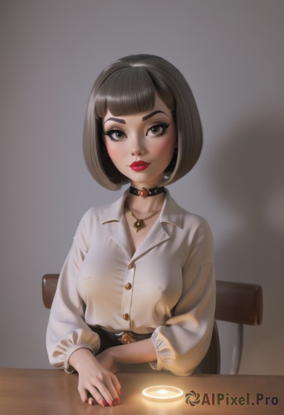 1girl,solo,breasts,looking at viewer,short hair,bangs,skirt,brown hair,shirt,black hair,long sleeves,brown eyes,jewelry,medium breasts,sitting,closed mouth,green eyes,collarbone,white shirt,upper body,small breasts,choker,puffy sleeves,collared shirt,belt,artist name,blunt bangs,necklace,nail polish,covered nipples,lips,fingernails,see-through,eyelashes,dress shirt,no bra,makeup,buttons,shadow,black choker,chair,table,bob cut,thick eyebrows,lipstick,red nails,pendant,freckles,black belt,nose,red lips,eyeliner,on chair,mascara,blush,smile,simple background,heart,own hands together,blouse,eyeshadow