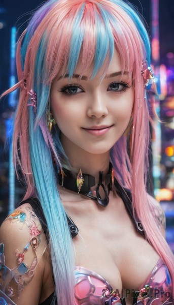 1girl,solo,long hair,breasts,looking at viewer,smile,bangs,blue eyes,hair ornament,cleavage,bare shoulders,jewelry,medium breasts,closed mouth,blue hair,collarbone,upper body,pink hair,multicolored hair,earrings,choker,blurry,two-tone hair,lips,grey eyes,eyelashes,tattoo,makeup,blurry background,piercing,pink lips,realistic,nose,arm tattoo,mascara,artist name,signature,collar,streaked hair,watermark,ear piercing,web address,cyberpunk