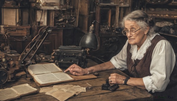 1girl,solo,shirt,1boy,holding,jewelry,sitting,closed mouth,white shirt,upper body,white hair,grey hair,male focus,glasses,indoors,vest,book,facial hair,chair,table,ring,desk,watch,paper,realistic,round eyewear,pen,wristwatch,lamp,old,old man,brown vest,writing,quill,old woman,wooden table,phonograph,wrinkled skin,nib pen (object),inkwell,short hair,gloves,collared shirt,lips,gun,beard,open book,reading,revolver,brown theme,steampunk,tools