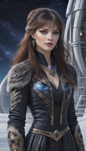 1girl,solo,long hair,breasts,looking at viewer,bangs,brown hair,long sleeves,dress,cleavage,brown eyes,jewelry,medium breasts,standing,earrings,outdoors,parted lips,sky,black dress,lips,fur trim,makeup,night,lipstick,gem,star (sky),night sky,starry sky,realistic,nose,red lips,weapon,teeth,necklace