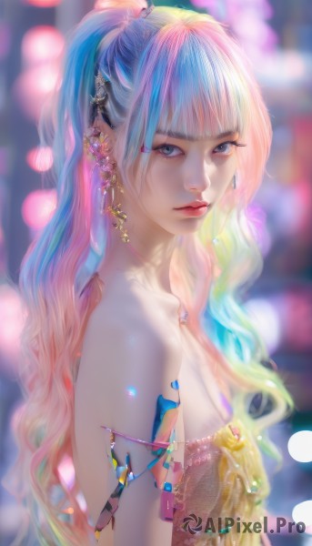 1girl,solo,long hair,breasts,looking at viewer,bangs,blue eyes,hair ornament,dress,cleavage,bare shoulders,jewelry,medium breasts,closed mouth,blue hair,upper body,ponytail,pink hair,multicolored hair,earrings,small breasts,blunt bangs,necklace,blurry,from side,two-tone hair,lips,eyelashes,strapless,gradient hair,makeup,depth of field,blurry background,wavy hair,piercing,lipstick,gem,strapless dress,realistic,nose,red lips,bokeh,mascara,artist name,grey eyes,watermark,ear piercing,armlet