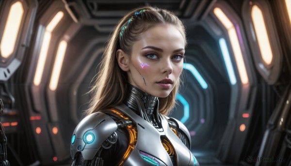 HQ,1girl,solo,long hair,looking at viewer,blue eyes,blonde hair,brown hair,upper body,parted lips,blurry,lips,grey eyes,bodysuit,makeup,facial mark,forehead,science fiction,realistic,nose,cyborg,hair pulled back,power armor,cyberpunk,hairband,robot,facepaint,dirty,dirty face