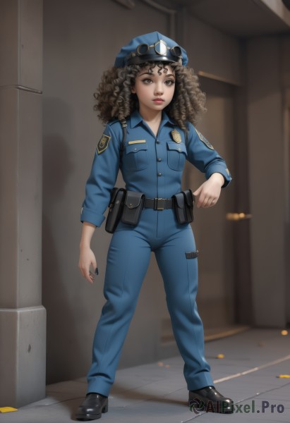 1girl,solo,long hair,breasts,looking at viewer,brown hair,shirt,black hair,long sleeves,hat,brown eyes,closed mouth,standing,full body,shoes,collared shirt,belt,pants,artist name,indoors,black footwear,uniform,dark-skinned female,lips,shadow,blue shirt,goggles,blue headwear,curly hair,pocket,black belt,pouch,blue pants,red lips,breast pocket,belt pouch,police,police uniform,policewoman,hallway,police hat,dreadlocks,tattoo,facial mark,sunglasses,eyewear on head,jumpsuit