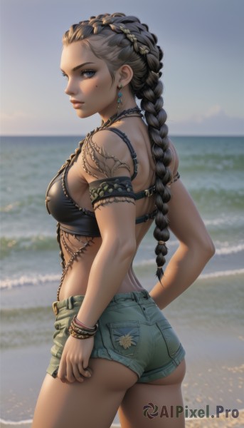 1girl,solo,long hair,breasts,looking at viewer,blue eyes,black hair,hair ornament,bare shoulders,jewelry,medium breasts,closed mouth,standing,swimsuit,ass,braid,bikini,multicolored hair,cowboy shot,earrings,outdoors,shorts,day,midriff,looking back,dark skin,water,necklace,from behind,bra,mole,blurry,bracelet,two-tone hair,dark-skinned female,lips,short shorts,mole under eye,tattoo,makeup,blurry background,ocean,back,beach,piercing,denim,black bra,bikini top only,armlet,denim shorts,realistic,nose,arm tattoo,green shorts,mascara,multiple braids,brown hair,sky,artist name,cloud,from side,ear piercing,pocket,braided ponytail,horizon,shoulder tattoo,cutoffs