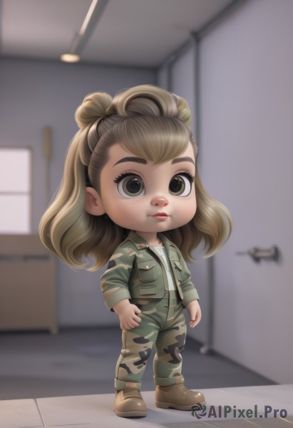 1girl,solo,long hair,looking at viewer,brown hair,shirt,long sleeves,brown eyes,closed mouth,standing,jacket,full body,white shirt,boots,pants,indoors,medium hair,hair bun,chibi,blurry,uniform,lips,military,military uniform,blurry background,brown footwear,thick eyebrows,child,freckles,pocket,green jacket,female child,camouflage,jumpsuit,green pants,camouflage jacket,camouflage pants,single hair bun,realistic,nose