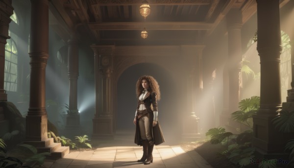 1girl,solo,long hair,breasts,looking at viewer,bangs,brown hair,shirt,black hair,long sleeves,1boy,hat,brown eyes,closed mouth,standing,jacket,full body,white shirt,male focus,boots,open clothes,belt,pants,indoors,black footwear,coat,fur trim,window,brown footwear,sunlight,knee boots,plant,scenery,walking,light rays,stairs,potted plant,shade,sunbeam,brown pants,wide shot,brown coat,pillar,arch,jewelry,leaf,cloak