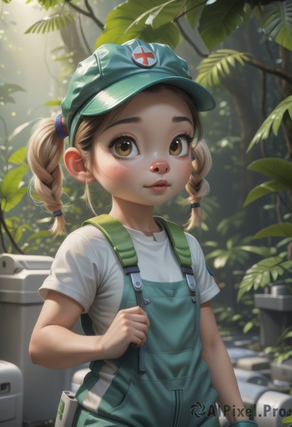 1girl,solo,looking at viewer,blush,brown hair,shirt,hat,twintails,brown eyes,closed mouth,white shirt,upper body,braid,short sleeves,outdoors,parted lips,day,artist name,blurry,twin braids,tree,lips,blurry background,leaf,sunlight,plant,short twintails,t-shirt,wristband,child,baseball cap,blue headwear,freckles,green headwear,female child,overalls,blue overalls,long hair,nature,forest,pouch,dirty,wrench