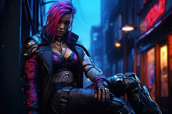 1girl,solo,breasts,smile,short hair,gloves,cleavage,jewelry,medium breasts,sitting,closed mouth,jacket,closed eyes,pink hair,multicolored hair,outdoors,open clothes,midriff,pants,dark skin,fingerless gloves,necklace,blurry,open jacket,dark-skinned female,tattoo,makeup,night,blurry background,piercing,realistic,arm tattoo,facial tattoo,cyberpunk,long hair,looking at viewer,purple hair,hair over one eye,official alternate costume,crossed legs,undercut