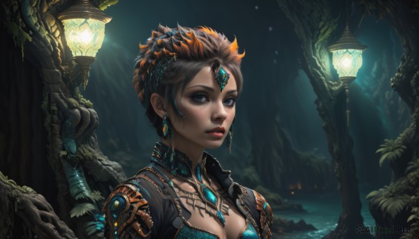 1girl,solo,breasts,looking at viewer,short hair,blue eyes,brown hair,hair ornament,cleavage,jewelry,medium breasts,upper body,earrings,outdoors,parted lips,sky,necklace,armor,tree,lips,eyelashes,makeup,night,lipstick,gem,nature,freckles,circlet,lantern,nose,fantasy,cave,black hair,water,scenery,realistic