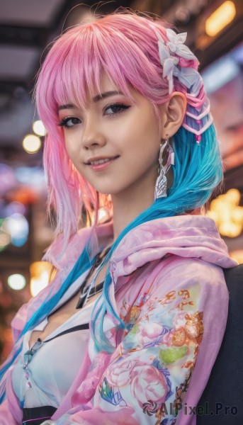 1girl,solo,long hair,breasts,looking at viewer,smile,bangs,shirt,hair ornament,jewelry,medium breasts,blue hair,jacket,white shirt,upper body,pink hair,flower,multicolored hair,earrings,small breasts,parted lips,open clothes,teeth,artist name,hair flower,hood,necklace,grin,blurry,black eyes,two-tone hair,open jacket,lips,eyelashes,aqua hair,gradient hair,makeup,depth of field,blurry background,floral print,eyeshadow,freckles,realistic,nose,pink jacket,bokeh,mascara,brown eyes,braid,piercing