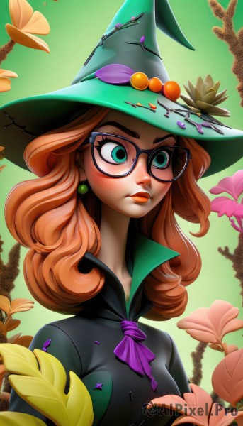 1girl,solo,long hair,breasts,blush,brown hair,hat,dress,jewelry,medium breasts,closed mouth,green eyes,upper body,flower,earrings,glasses,artist name,orange hair,lips,gradient,gradient background,ascot,eyelashes,makeup,witch hat,leaf,looking away,thick eyebrows,plant,lipstick,eyeshadow,freckles,green background,black-framed eyewear,curly hair,high collar,nose,green headwear,round eyewear,witch,signature,black dress,aqua eyes,watermark,bug,web address