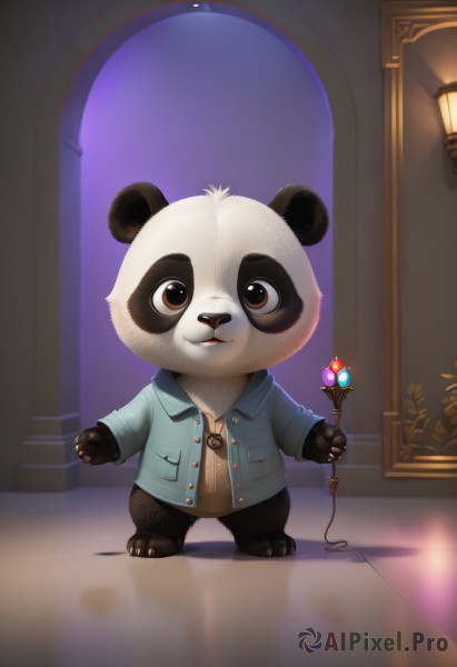 solo,looking at viewer,smile,1boy,holding,brown eyes,jewelry,standing,jacket,full body,male focus,indoors,no humans,window,night,blue jacket,staff,gem,furry,reflection,door,wand,furry male,panda,doorway,animal ears,teeth,leaf,white fur,tanuki