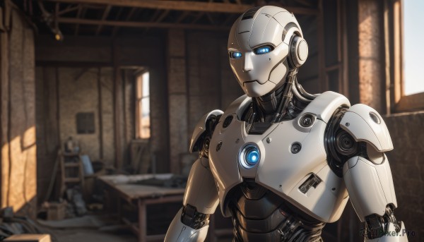 solo,blue eyes,1boy,upper body,male focus,indoors,blurry,no humans,window,blurry background,chair,looking down,robot,mecha,science fiction,android,joints,cable,cyborg,robot joints,mechanical parts,humanoid robot,1girl,looking at viewer,glowing,glowing eyes,bald