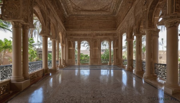 outdoors,sky,day,water,tree,no humans,sunlight,plant,building,scenery,reflection,stairs,architecture,pillar,arch,reflective floor,column,window,bridge