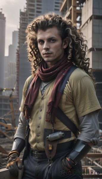 solo,long hair,looking at viewer,brown hair,shirt,gloves,1boy,brown eyes,standing,weapon,short sleeves,male focus,outdoors,day,belt,pants,dark skin,scarf,blurry,lips,gun,buttons,blurry background,facial hair,dark-skinned male,suspenders,denim,ground vehicle,building,handgun,curly hair,red scarf,hand in pocket,yellow shirt,city,realistic,nose,hands in pockets,overalls,holster,layered sleeves,short over long sleeves,revolver,holstered weapon,blue eyes,black hair,long sleeves,jacket,cowboy shot,vest,black pants,beard,science fiction,jeans,stubble,cityscape,mechanical arms,single mechanical arm