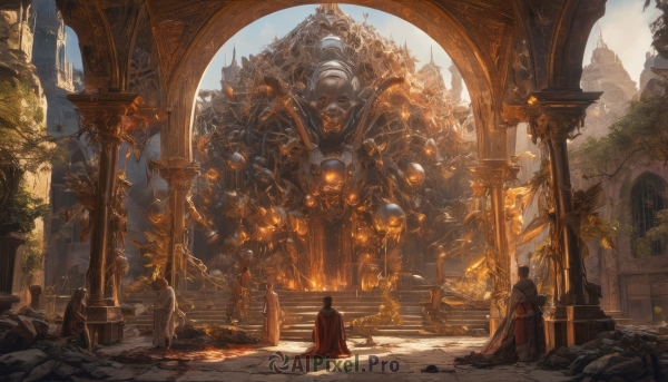 black hair,holding,sitting,standing,outdoors,multiple boys,sky,day,hood,from behind,cape,armor,tree,glowing,plant,building,scenery,cloak,walking,robe,stairs,fantasy,red cape,ruins,multiple others,pillar,statue,arch,column,short hair,multiple girls,brown hair,weapon,sword,indoors,helmet,fire,shoulder armor,pauldrons,rock,architecture,wide shot,throne