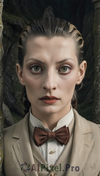 1girl,solo,long hair,looking at viewer,brown hair,shirt,black hair,bow,brown eyes,closed mouth,green eyes,jacket,white shirt,upper body,braid,parted lips,collared shirt,bowtie,vest,lips,makeup,buttons,formal,suit,portrait,forehead,freckles,brown jacket,realistic,red lips,traditional bowtie,male focus,red bow,red bowtie,brown bow