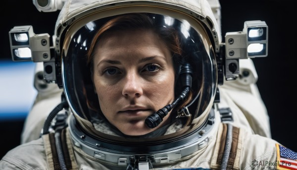 solo,looking at viewer,blue eyes,brown hair,1boy,closed mouth,male focus,blurry,black eyes,helmet,portrait,reflection,realistic,space,american flag,spacesuit,space helmet,astronaut,lips,blurry background,expressionless,headset,science fiction,serious,planet,earth (planet),japanese flag,united states