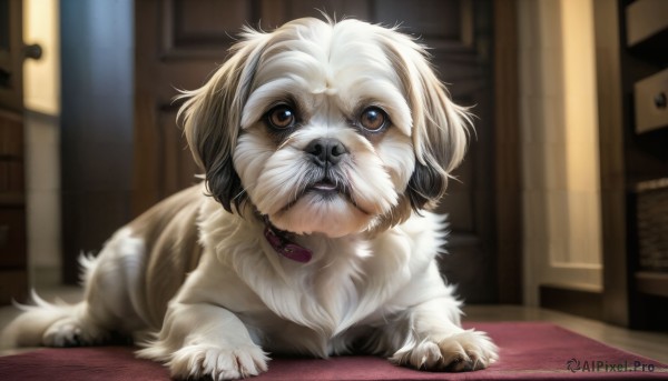 HQ,solo,looking at viewer,brown eyes,indoors,blurry,collar,no humans,depth of field,blurry background,animal,dog,realistic,door,animal focus,animal collar,full body,lying,signature,watermark,on stomach,web address,red collar,deviantart username