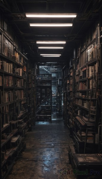 indoors,water,book,no humans,window,chair,scenery,reflection,science fiction,bookshelf,dark,library,ceiling,ladder,rain,blinds,vanishing point