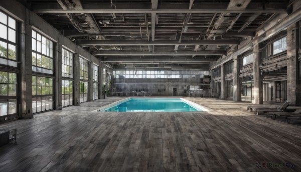 day,indoors,water,tree,no humans,window,chair,sunlight,plant,scenery,wooden floor,stairs,door,pool,ceiling,hallway,ceiling light,table,desk,bench