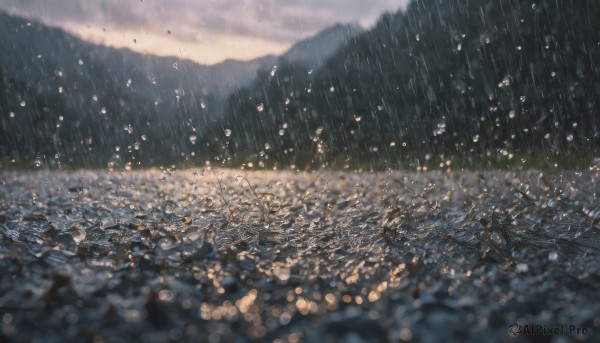 outdoors, sky, cloud, blurry, tree, no humans, depth of field, cloudy sky, scenery, rain, mountain, cityscape, bokeh, city lights