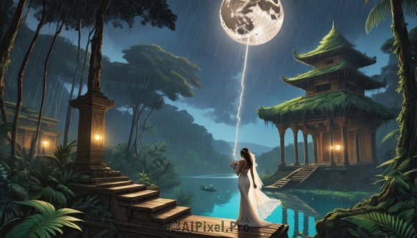 1girl,solo,long hair,brown hair,black hair,dress,holding,very long hair,standing,ponytail,outdoors,sky,cloud,water,white dress,tree,wet,night,moon,plant,building,nature,night sky,veil,scenery,full moon,reflection,rain,lantern,stairs,wedding dress,bridal veil,watercraft,architecture,house,east asian architecture,boat,shrine,forest,lake