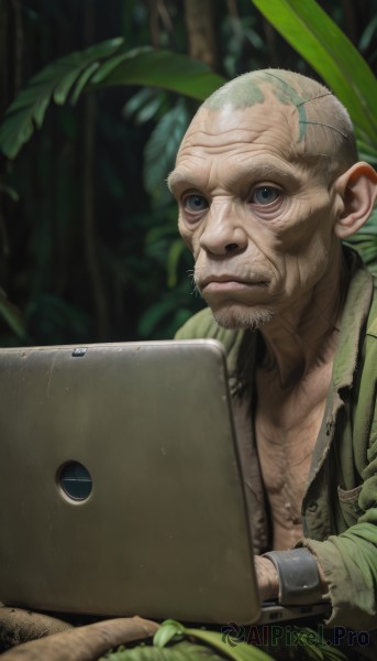 solo,blue eyes,1boy,closed mouth,male focus,open clothes,facial hair,leaf,nature,beard,forest,watch,realistic,wristwatch,computer,bald,old,old man,laptop,looking at viewer,jacket,upper body,blurry,scar,plant,stitches,chest hair,wrinkled skin