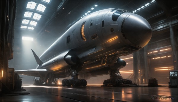 HQ,indoors,signature,military,no humans,window,robot,scenery,mecha,machinery,reflection,science fiction,realistic,aircraft,light,vehicle focus,spacecraft,lights,cockpit,airplane