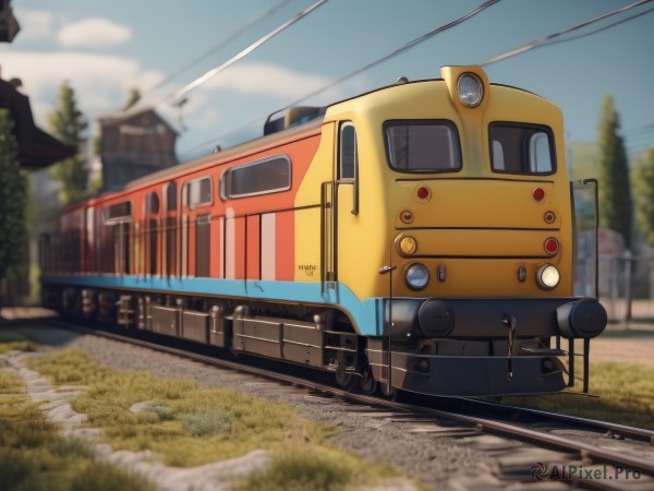 outdoors,sky,day,cloud,blurry,tree,blue sky,no humans,depth of field,blurry background,grass,ground vehicle,scenery,motor vehicle,vehicle focus,train,train station,railroad tracks,cable,power lines