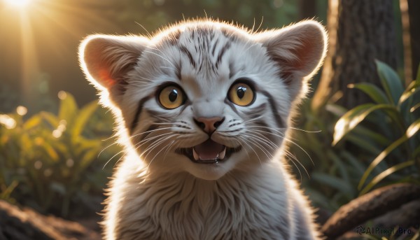 solo,looking at viewer,open mouth,brown eyes,yellow eyes,outdoors,day,blurry,tree,no humans,depth of field,blurry background,animal,fangs,sunlight,cat,grass,plant,nature,light rays,realistic,sun,animal focus,whiskers,teeth,portrait,close-up