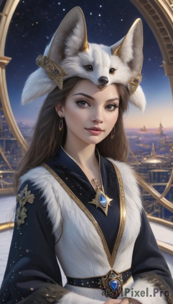 1girl,solo,long hair,looking at viewer,smile,brown hair,long sleeves,hat,dress,animal ears,brown eyes,jewelry,closed mouth,upper body,earrings,outdoors,sky,belt,wide sleeves,necklace,lips,fur trim,night,ring,own hands together,gem,star (sky),night sky,starry sky,gold trim,realistic,nose,red lips,cityscape,fur-trimmed sleeves,animal hat,fur,city lights,pelt,artist name,signature,watermark,web address