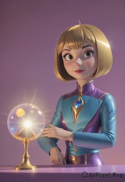 1girl,solo,looking at viewer,smile,short hair,bangs,blonde hair,simple background,brown hair,long sleeves,dress,brown eyes,closed mouth,upper body,ahoge,shiny,artist name,shiny hair,lips,gradient,gradient background,makeup,bob cut,lipstick,gem,purple dress,eyeshadow,purple background,red lips,belt