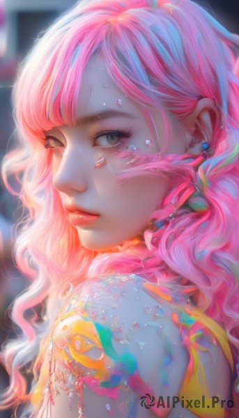 1girl,solo,long hair,looking at viewer,bangs,jewelry,closed mouth,upper body,pink hair,multicolored hair,earrings,blurry,from side,lips,looking to the side,grey eyes,eyelashes,tattoo,makeup,blurry background,wavy hair,piercing,portrait,nose,blue eyes,artist name,watermark,realistic